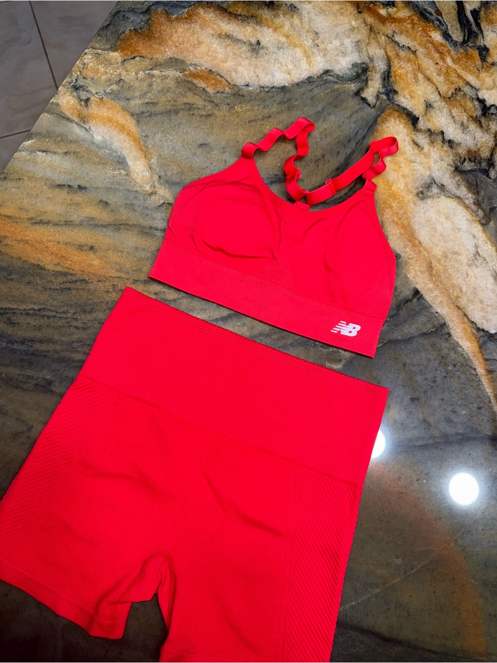 New Balance Bright Red Seamless Sports Bra and High-Waist Shorts Set